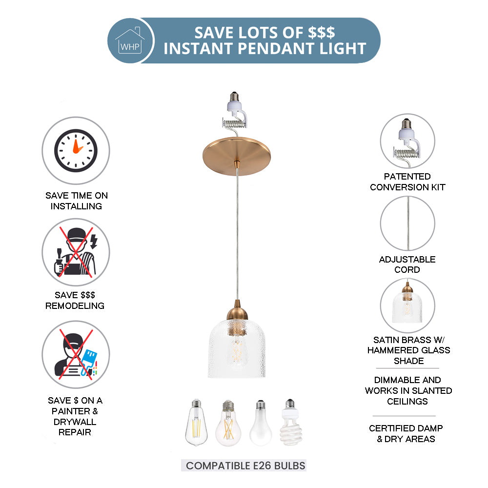 Satin Brass Hammered Glass Instant Pendant Light Recessed Can Conversion Kit