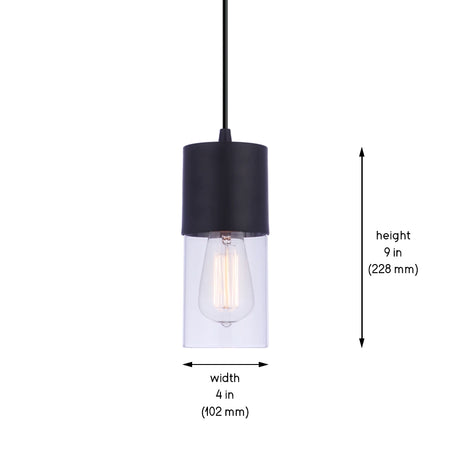 PBN-4550 - Worth Home Products - Small Matte Black & Clear Glass Cylinder Instant Pendant - Dimensions