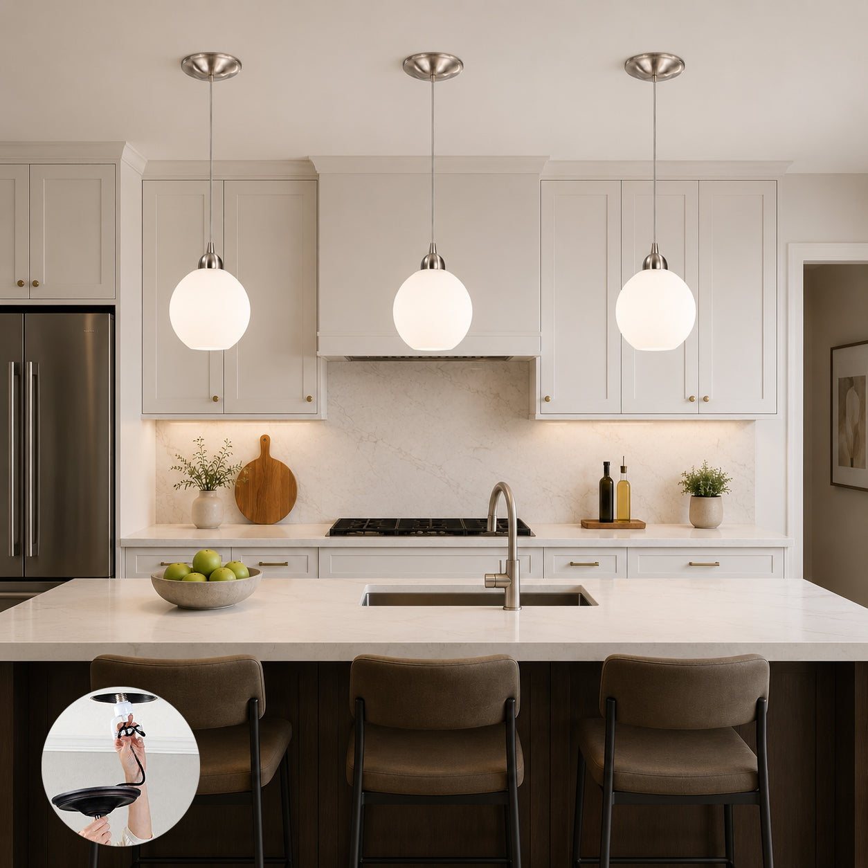 Brushed Nickel Instant Pendant Light - Recessed Can Conversion Kit with Milk Glass Globe (Pre-Orders Ship 6/12)