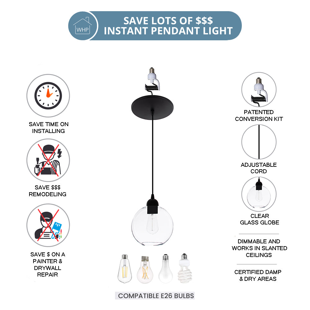 NEW Matte Black Clear Glass Globe Instant Pendant Recessed Can Conversion Kit