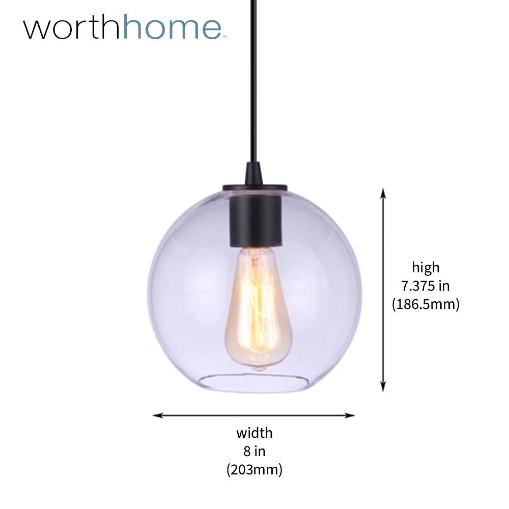 PBN-4680-7200-C - Worth Home Products - Matte Black Clear Glass Globe Instant Pendant Light - Dimensions