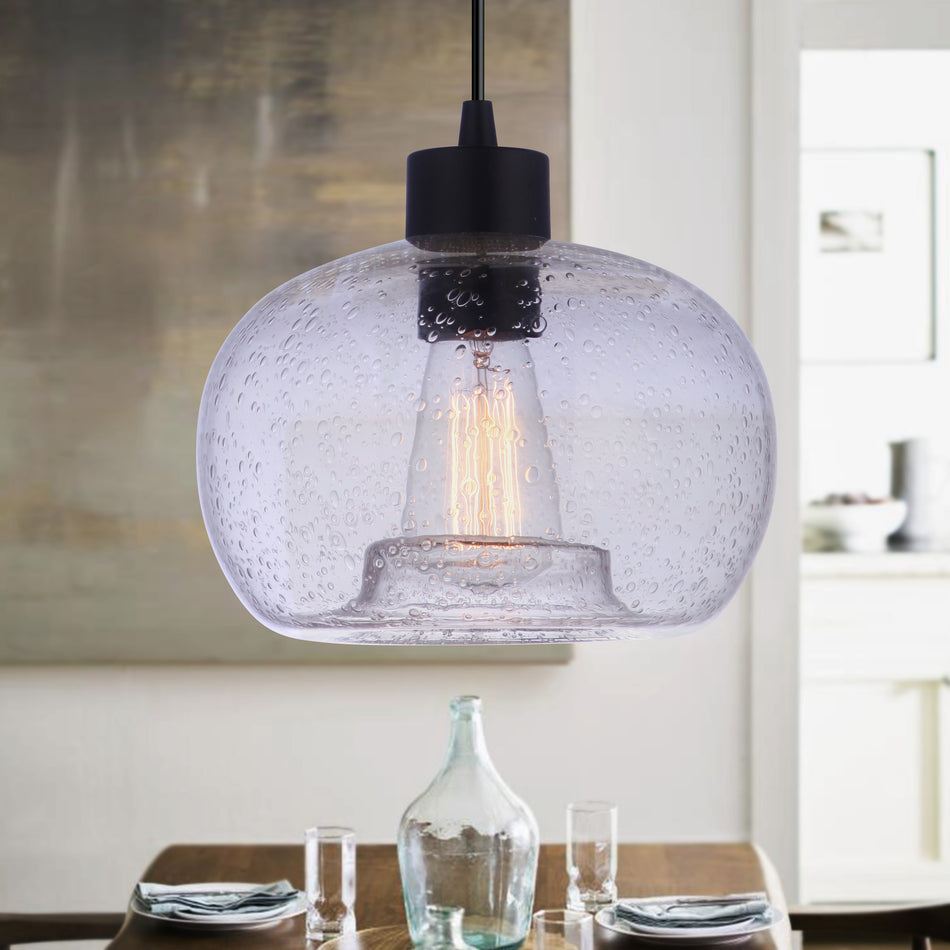 Modern Clear Seeded Glass Matte Black Instant Pendant Recessed Can Conversion Kit