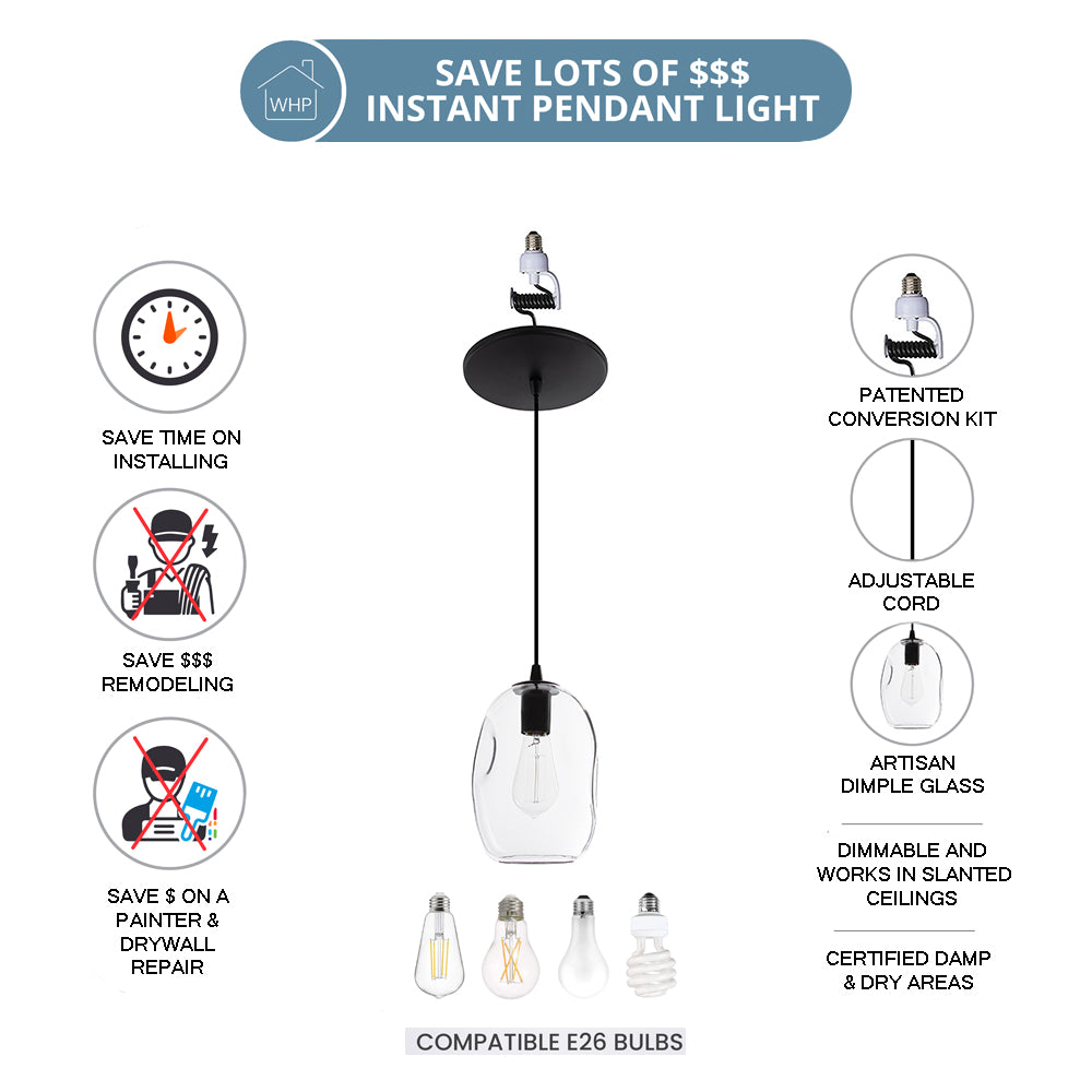 Artisan Dimpled Clear Glass with Matte Black Instant Pendant Conversion Kit