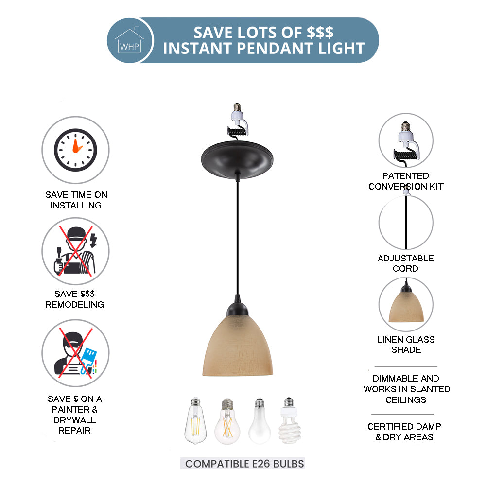 Linen Glass Shade - Oil Rubbed Bronze Instant Pendant Recessed Can Conversion Kit (SHIPS 3/17)