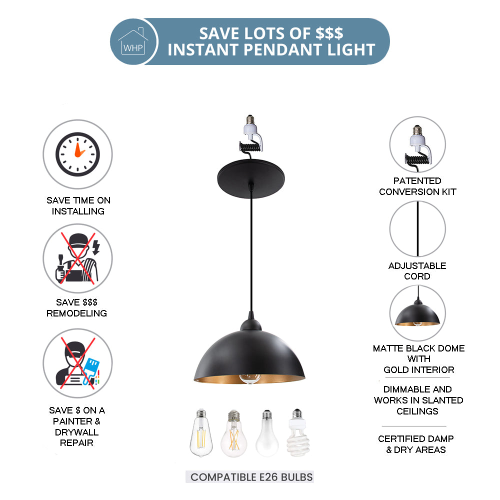 Matte Black & Gold Metal Dome Instant Pendant | Converts Recessed Cans