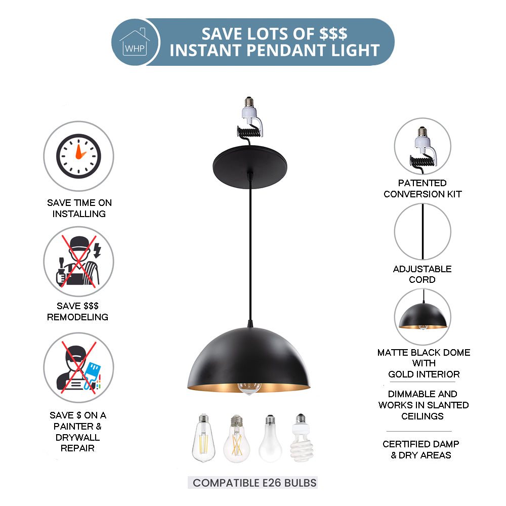 Large Matte Black & Gold Metal Dome Instant Pendant Recessed Can Conversion Kit