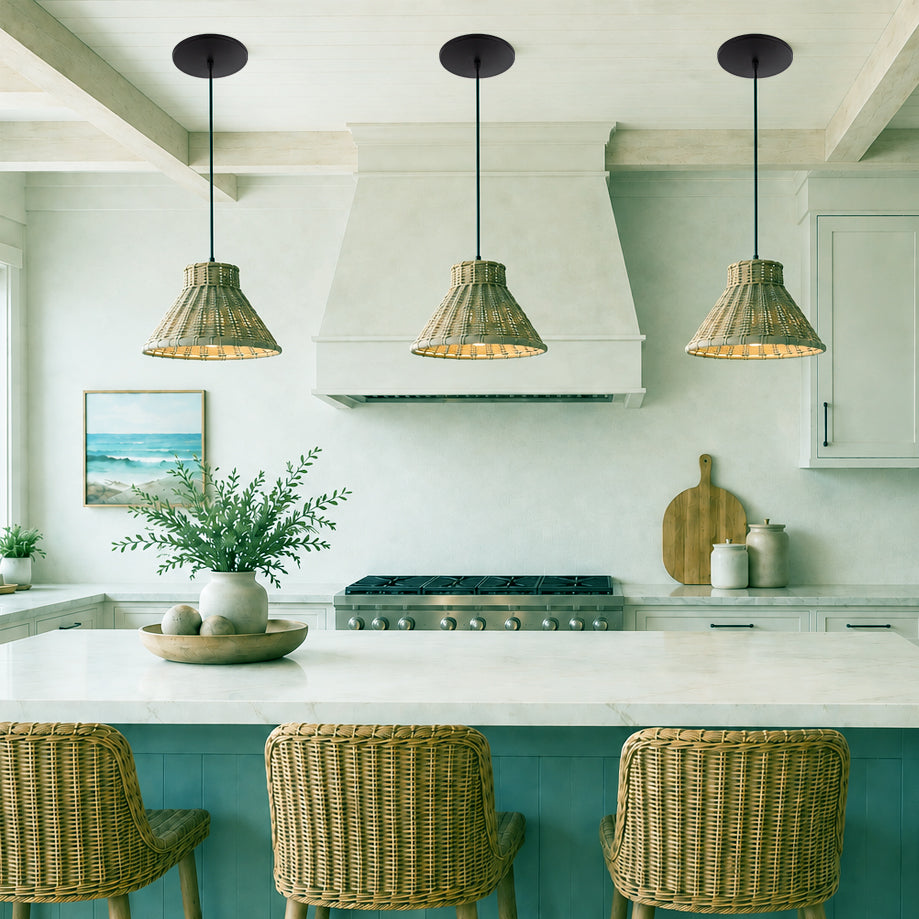 NEW Matte Black Instant Pendant Light - Recessed Can Conversion Kit with Woven Honey Rattan Cone Shade (Backorders Ship 8/10)