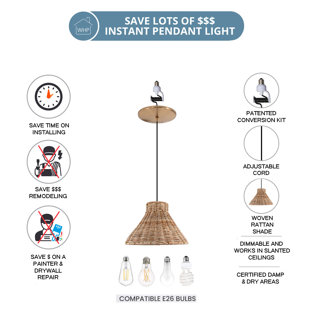 NEW Satin Brass Instant Pendant Light - Recessed Can Conversion Kit with Woven Honey Rattan Cone Shade (Backorders Ship 8/10)