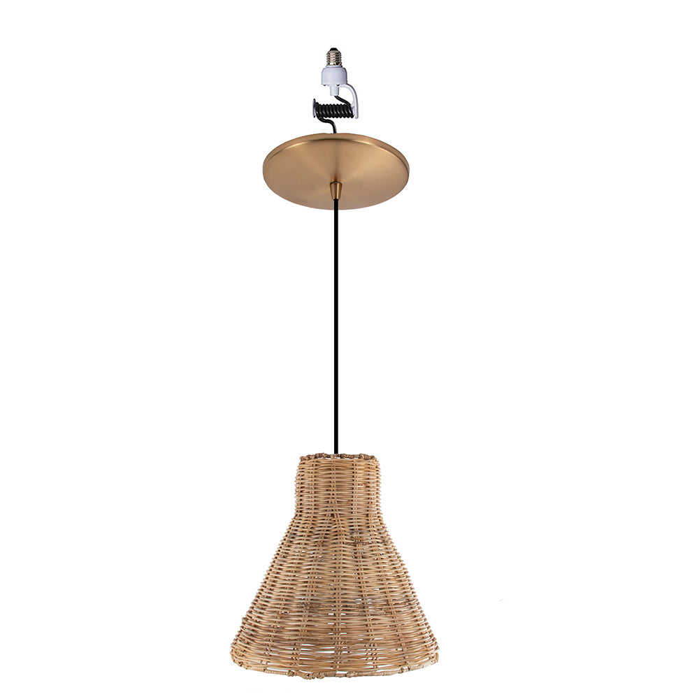 NEW Satin Brass Instant Pendant Light - Recessed Can Conversion Kit with Woven Honey Rattan Cone Shade