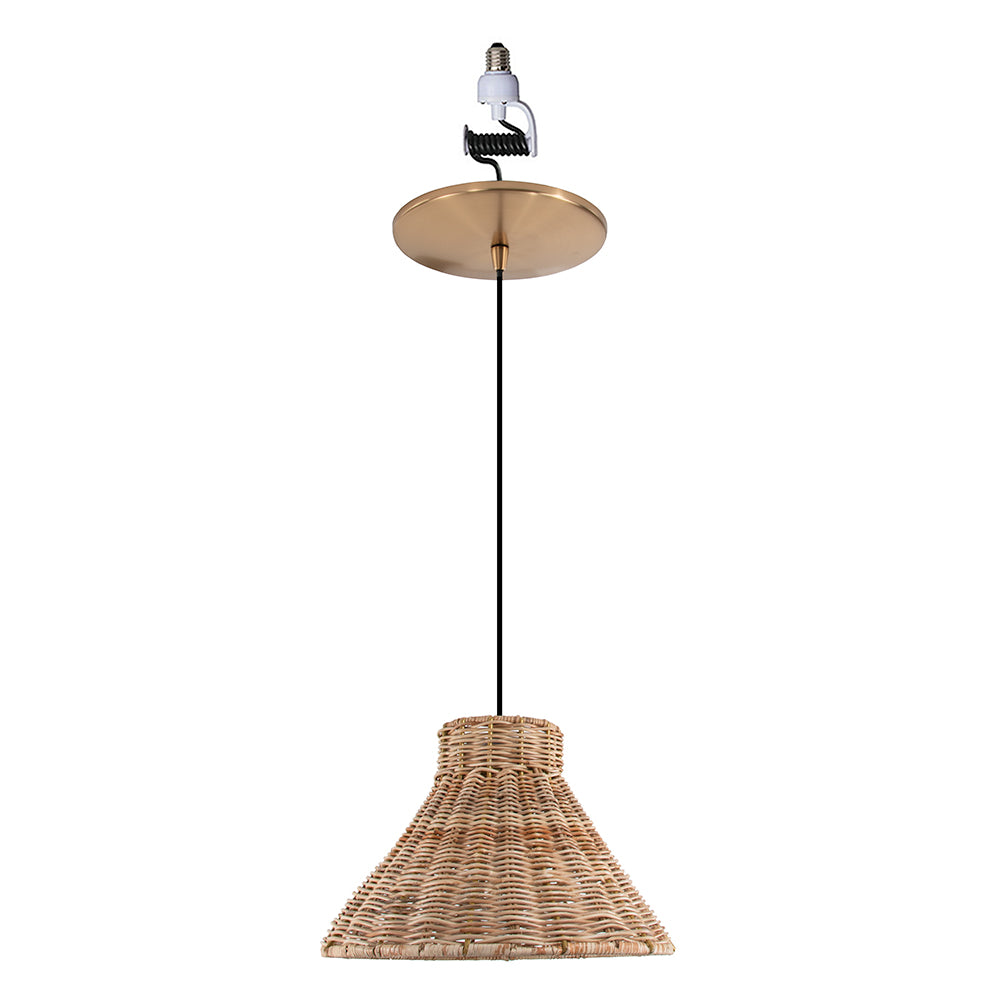 NEW Satin Brass Instant Pendant Light - Recessed Can Conversion Kit with Woven Honey Rattan Cone Shade (Backorders Ship 8/10)