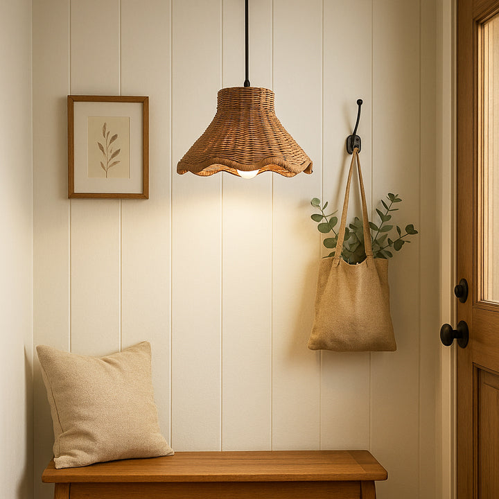 NEW Woven Rattan Scalloped Shade w/ Satin Brass Recessed Can Conversion Kit