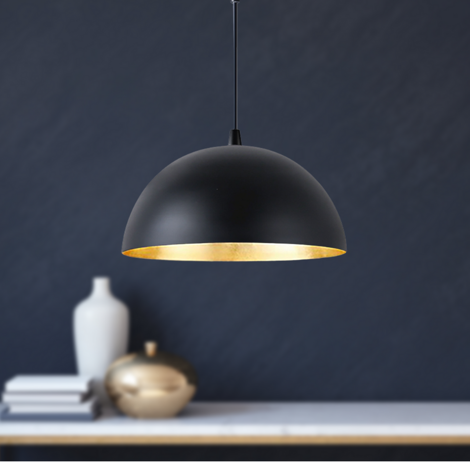 Open Box Large Matte Black & Gold Metal Dome Instant Pendant Light