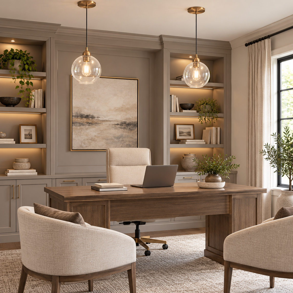 Satin Brass Worth Home Products Instant Pendant Light with Clear Glass Globe in Modern Contemporary Study