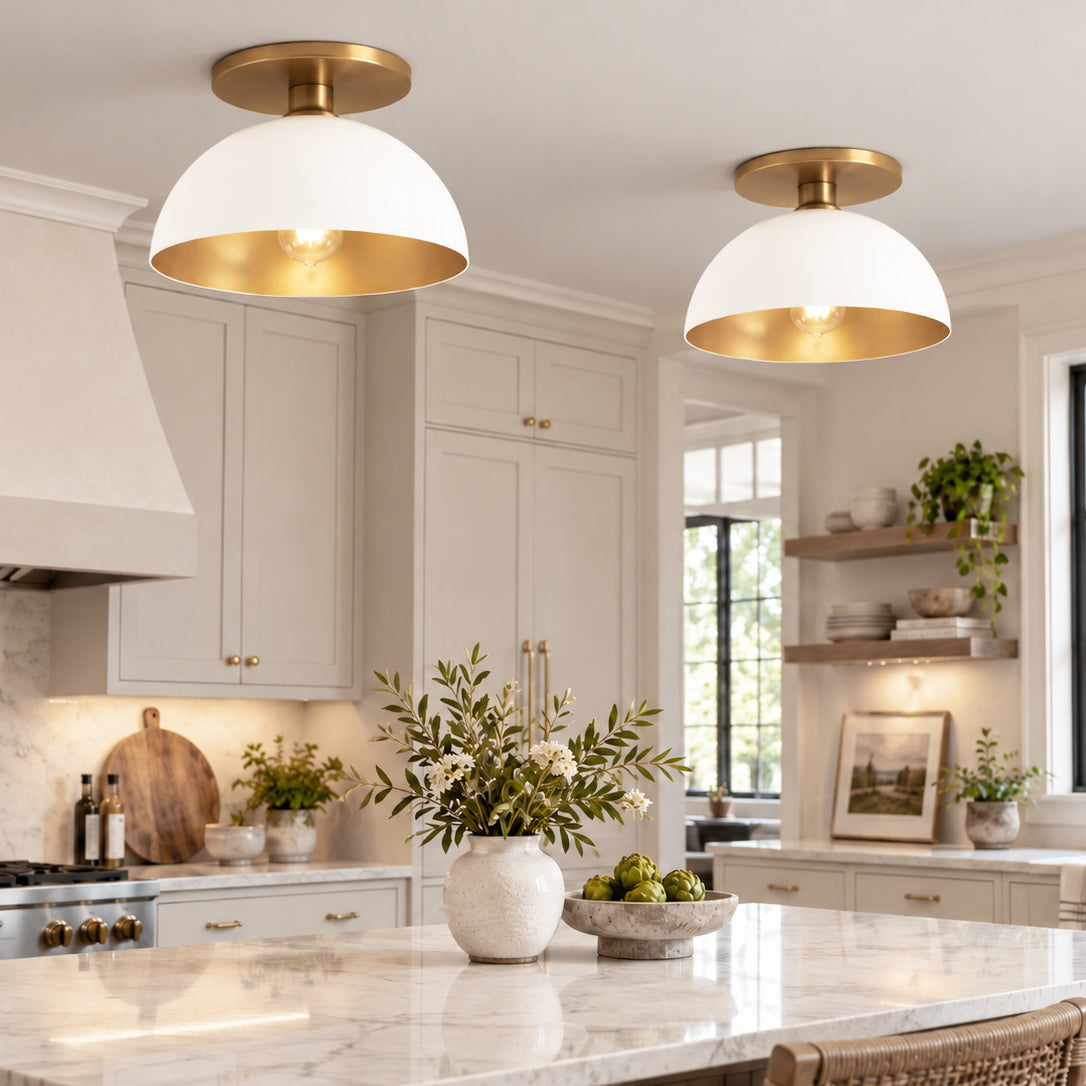 Satin Brass Instant Flush Mount Light - Recessed Can Conversion Kit with Matte White and Gold Metal Dome