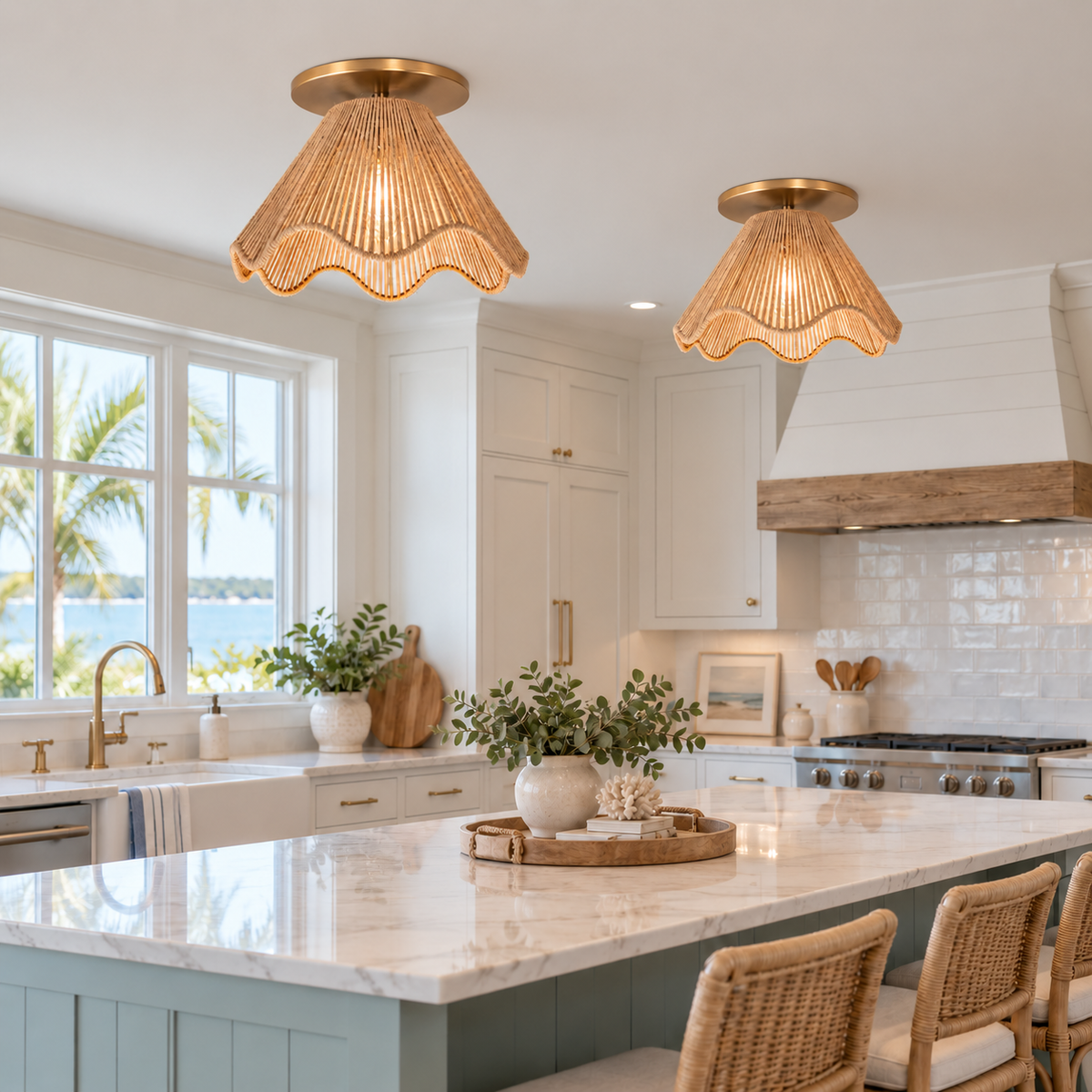 NEW Satin Brass Instant Flush Mount Light - Recessed Can Conversion Kit with Rope Woven Jute Scalloped Shade