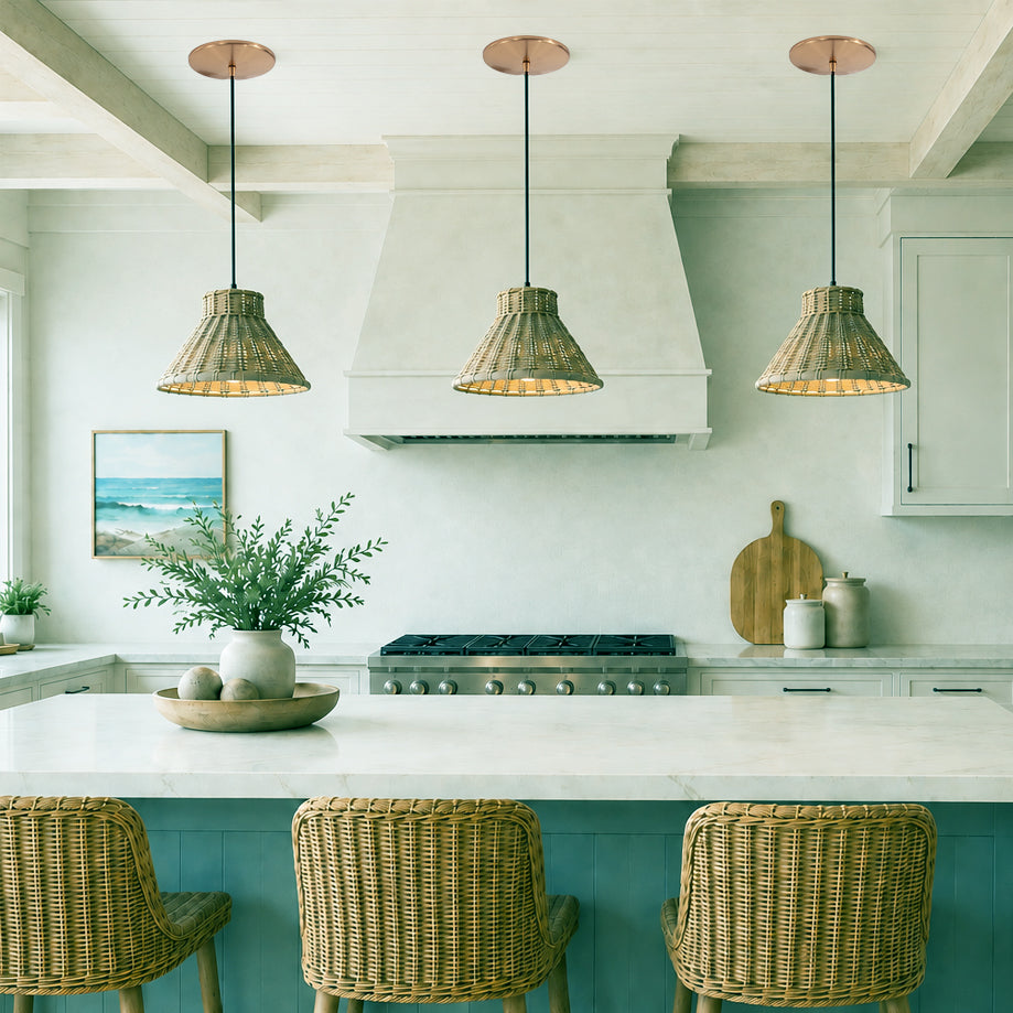 NEW Satin Brass Instant Pendant Light - Recessed Can Conversion Kit with Woven Honey Rattan Cone Shade (Backorders Ship 8/10)