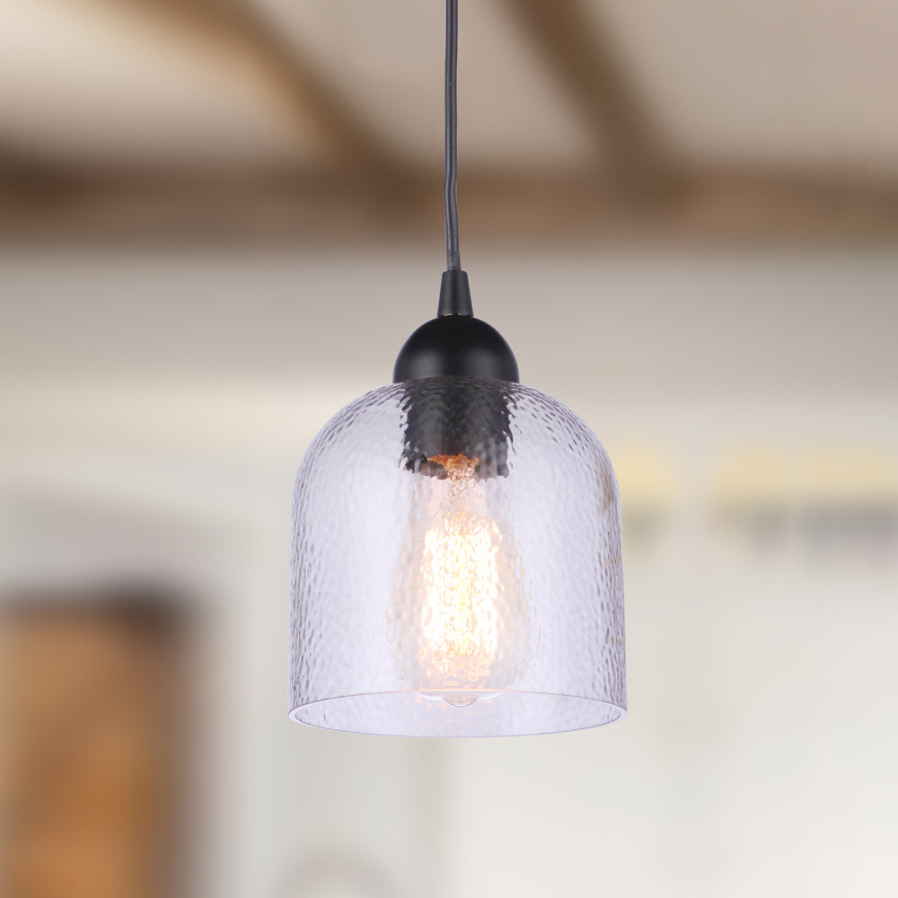 PBN-4400-6200 - Worth Home Products Instant Pendant Light - Matte Black Clear Hammered Glass - Can Light to Pendant Light Conversion Kit for Kitchen Island, Dining Room, Living Room, Home Office