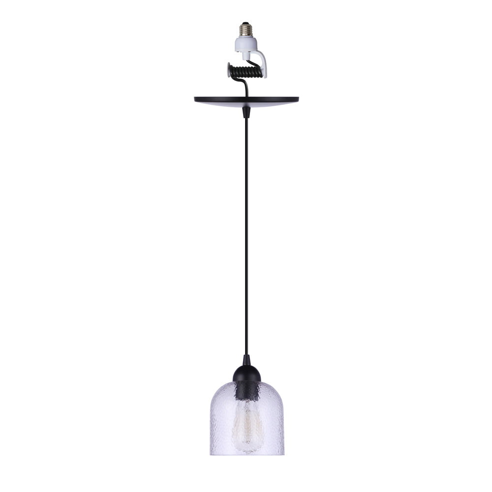 PBN-4400-6200 - Worth Home Products Instant Pendant Light - Matte Black Clear Hammered Glass - Can Light to Pendant Light Conversion Kit for Kitchen Island, Dining Room, Living Room, Home Office