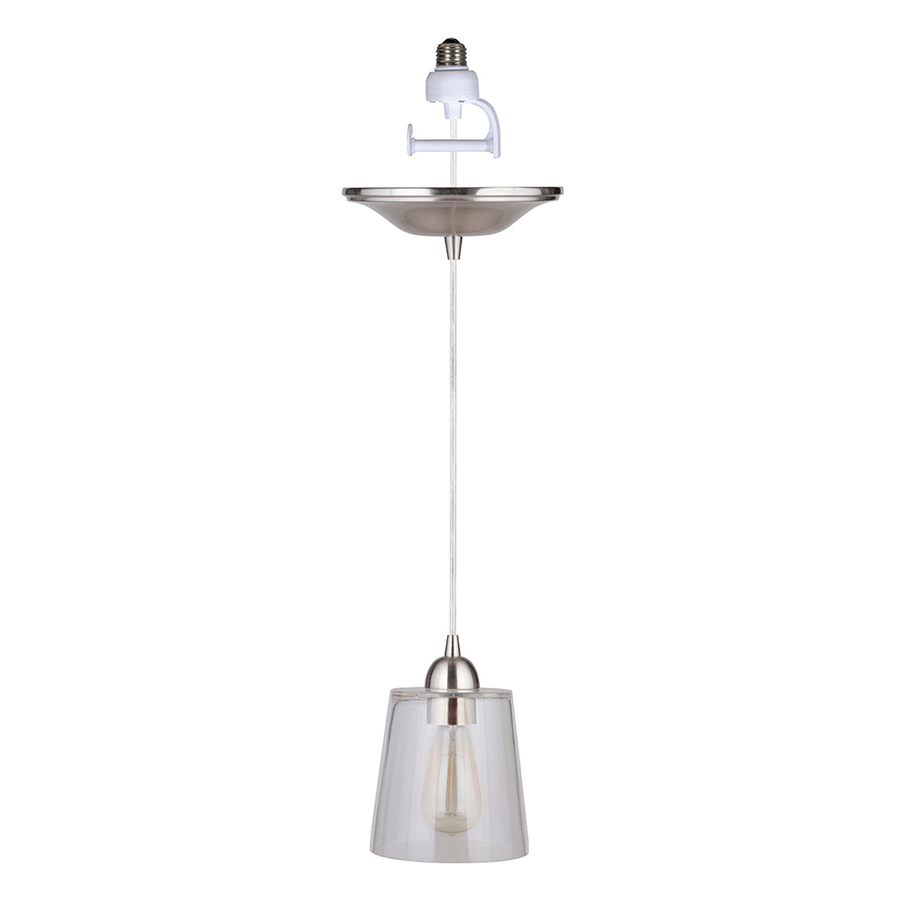 PBN-3224-1200H - BG - Worth Home Prducts Instant Pendant Light - Brushed Nickel Finish Clear Cylinder Glass Instant Pendant Light - Can Light to Pendant Light Conversion Kit for Kitchen Isalnd, Dinig Room, Living Room, Home Office