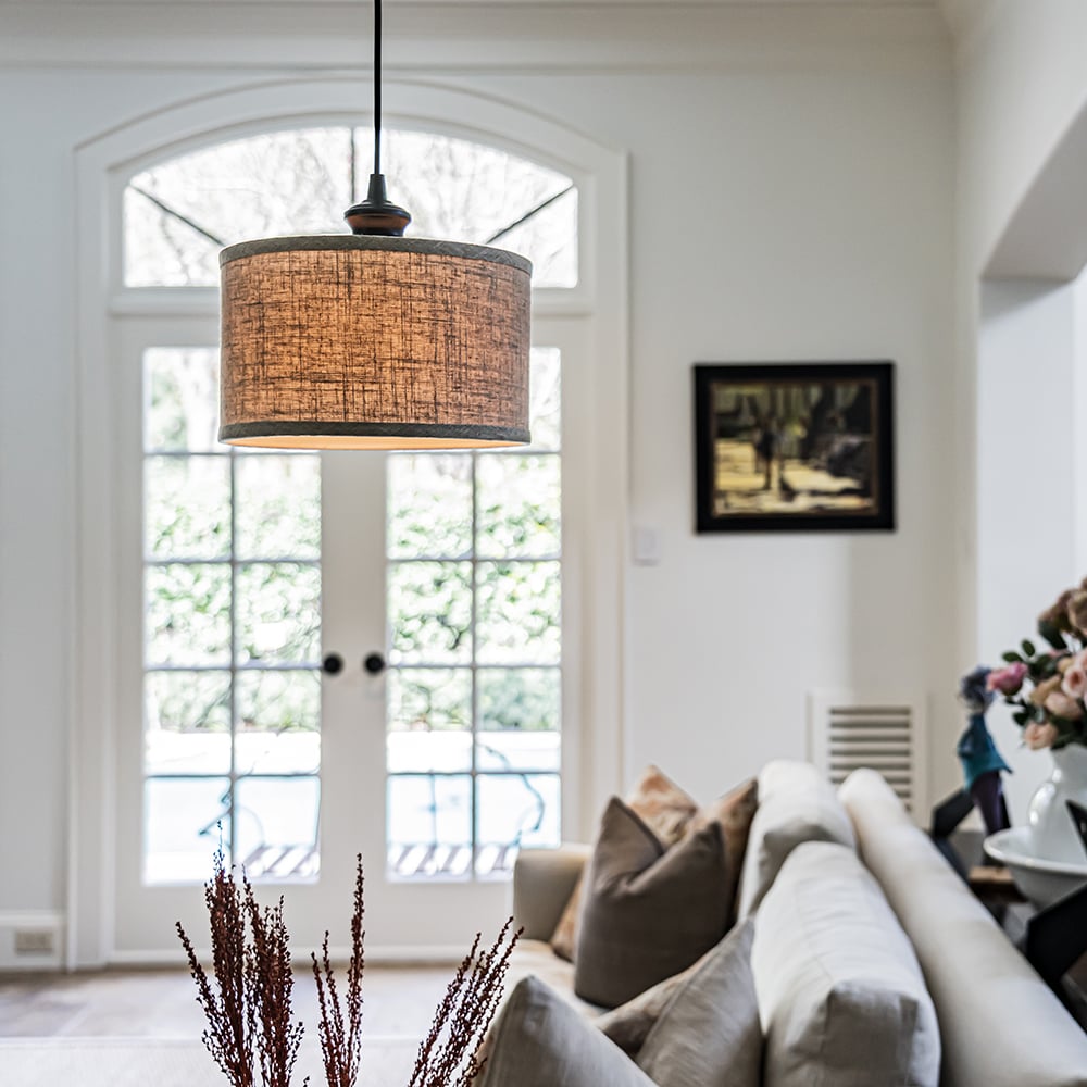 Instant Pendant Recessed Light Conversion Kit Brushed Bronze Linen Drum Shade PBN-3729-0011 - Worth Home Products