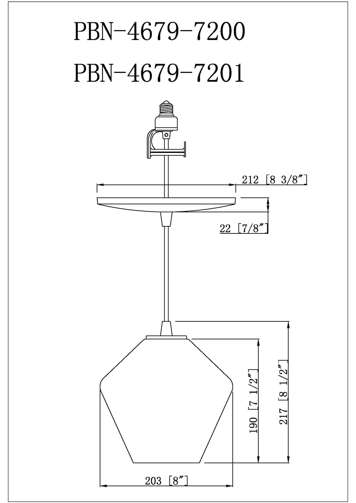 PBN-4679-7200 - Worth Home Products - Matte Black Geometric Clear Glass Instant Pendant Light - Dimensions